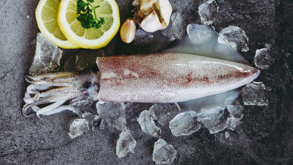 loligo squid with garlic, lemon and ice, on black background