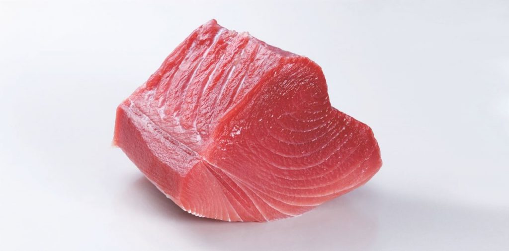 yellowfin tuna loin on white background