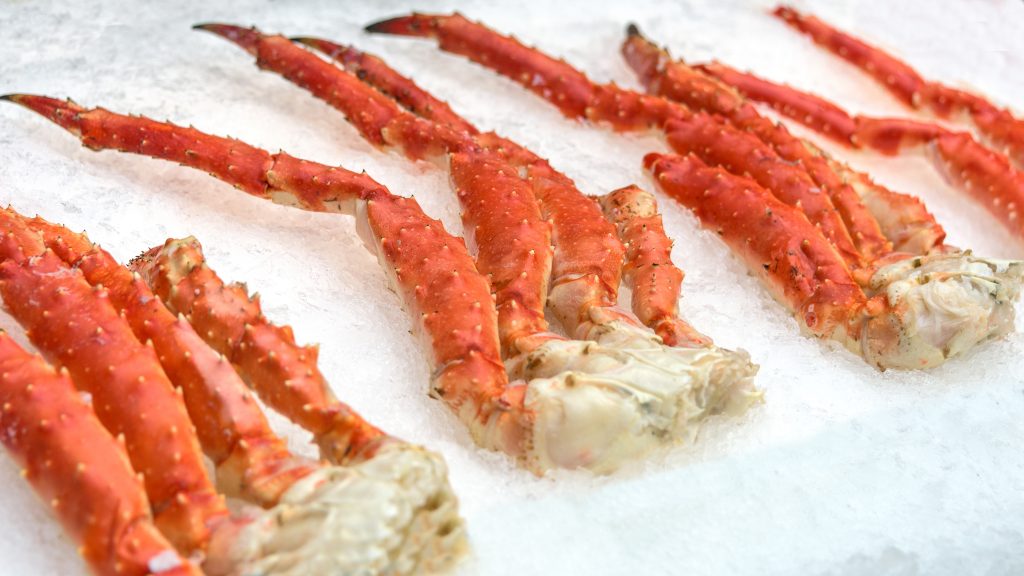 King crab clusters on ice